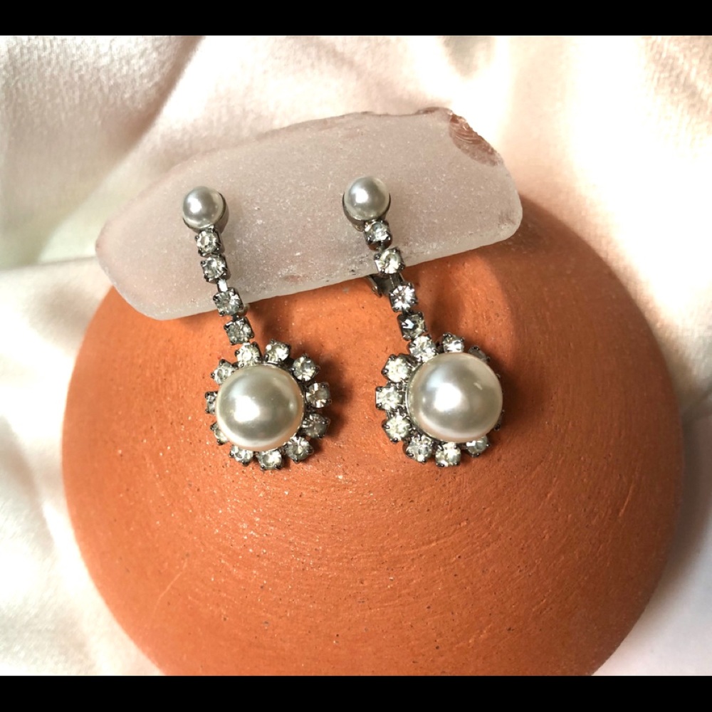 Rhinestone and faux pearl clip earrings